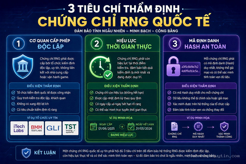 Infographic 3 tiêu chí thẩm định chứng chỉ RNG quốc tế gồm: Cơ quan cấp phép độc lập, Hiệu lực thời gian thực, và Mã định danh Hash an toàn
