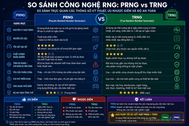 Bảng so sánh trực quan các thông số kỹ thuật, ưu nhược điểm và độ an toàn giữa công nghệ phần mềm PRNG và phần cứng TRNG