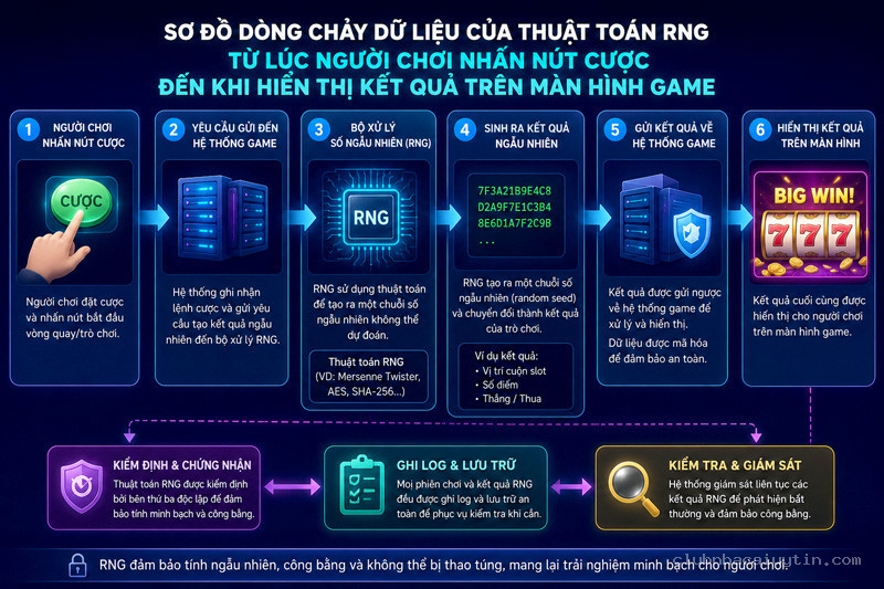 Sơ đồ dòng chảy dữ liệu của thuật toán RNG từ lúc người chơi nhấn nút cược, qua bộ xử lý số ngẫu nhiên đến khi hiển thị kết quả trên màn hình game